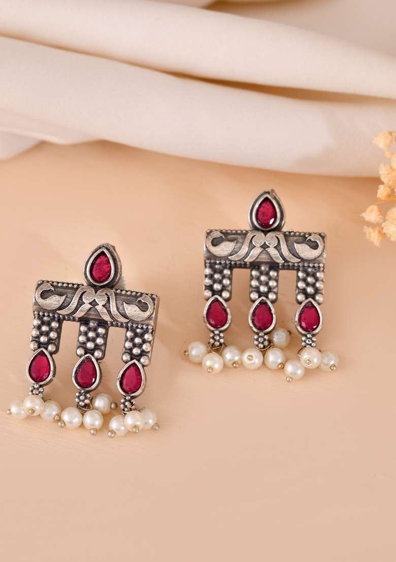 Silver Plated Deisgner Oxidized Studs Earrings  - Indya