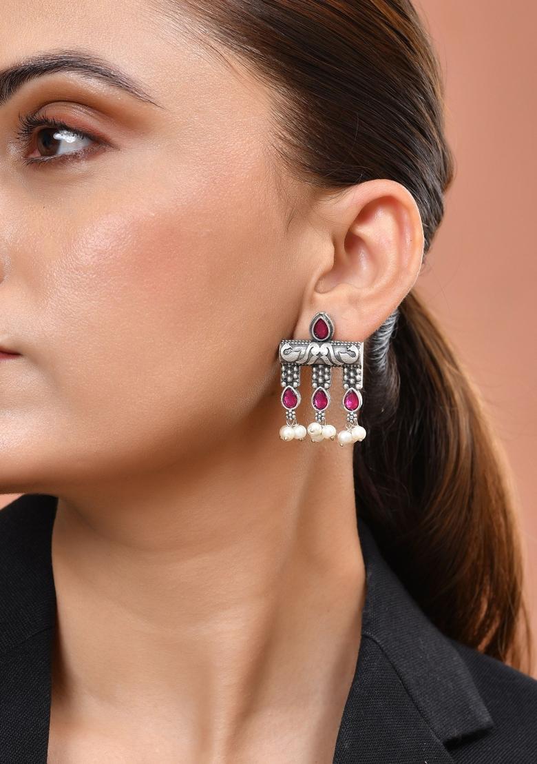 Silver Plated Deisgner Oxidized Studs Earrings  - Indya