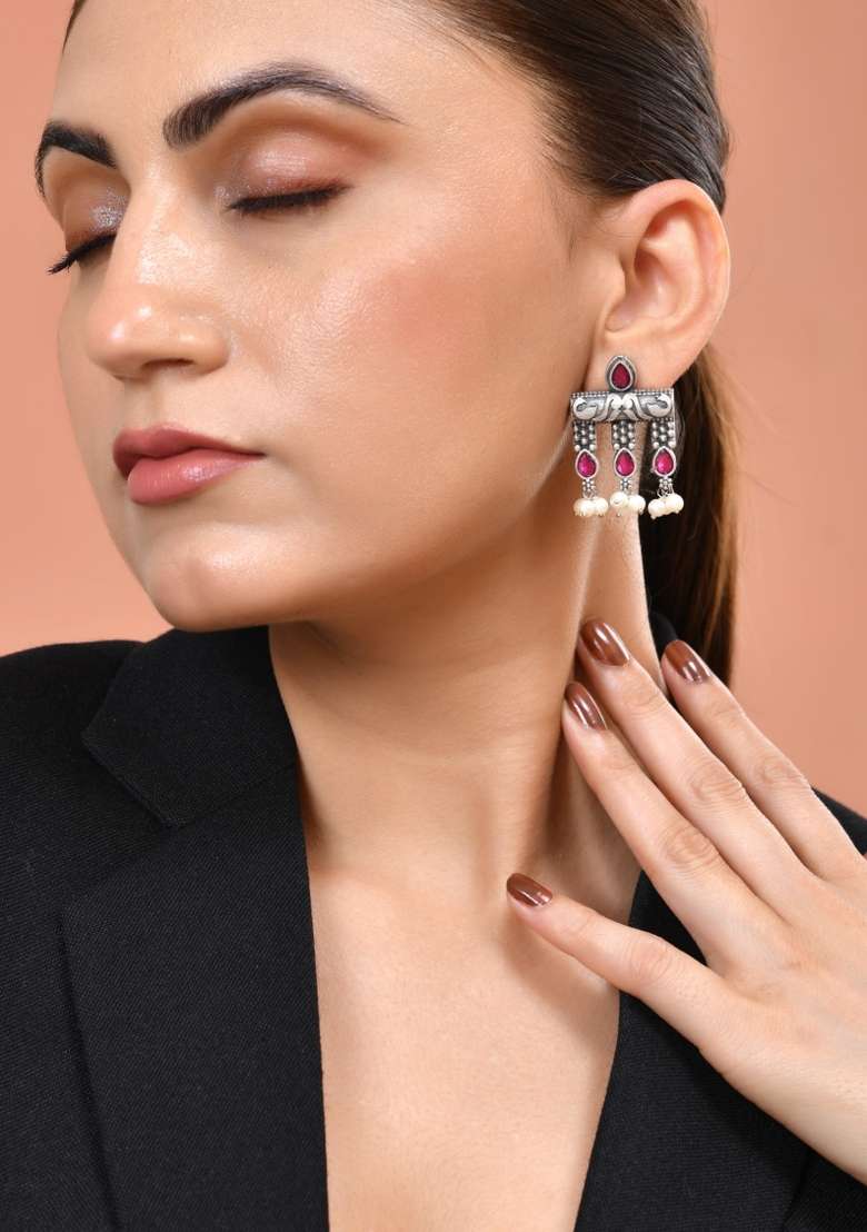 Silver Plated Deisgner Oxidized Studs Earrings  - Indya