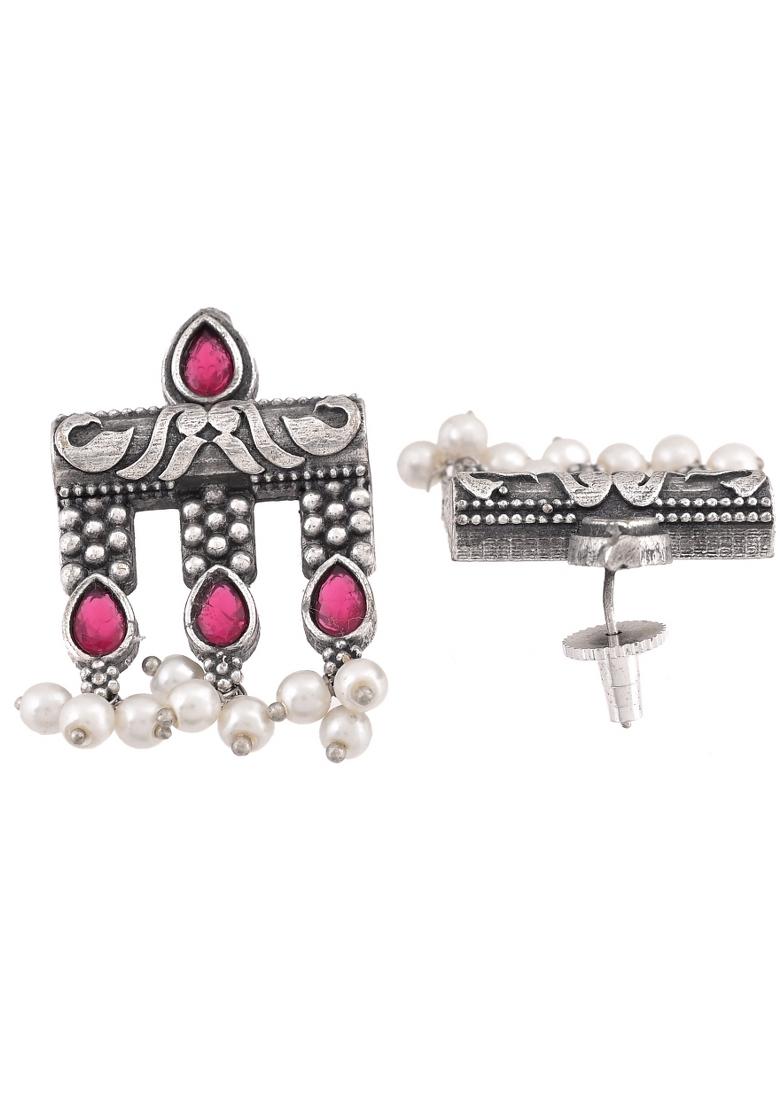 Silver Plated Deisgner Oxidized Studs Earrings  - Indya