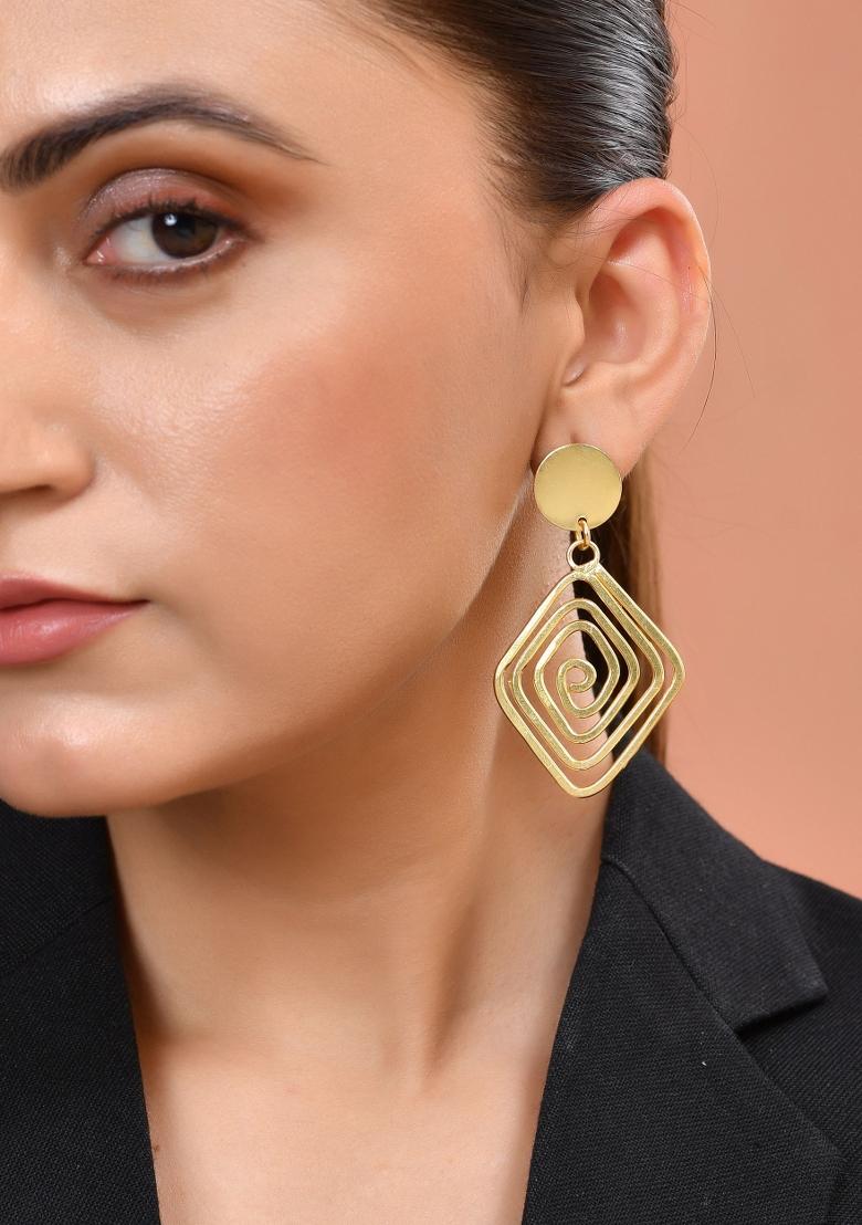 Gold Plated Square Twisted Designed Drop Earrings  - Indya