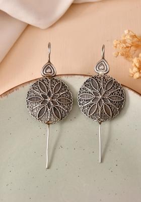 Silver Toned Floral Design Oxidized Ear Cuff Earrings 