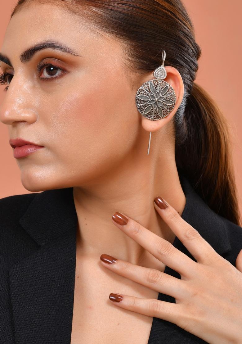 Silver Toned Floral Design Oxidized Ear Cuff Earrings  - Indya