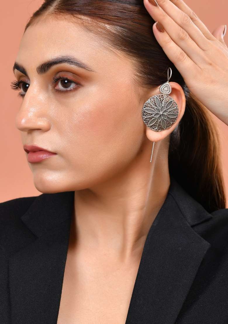 Silver Toned Floral Design Oxidized Ear Cuff Earrings  - Indya