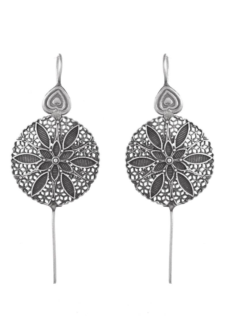 Silver Toned Floral Design Oxidized Ear Cuff Earrings  - Indya