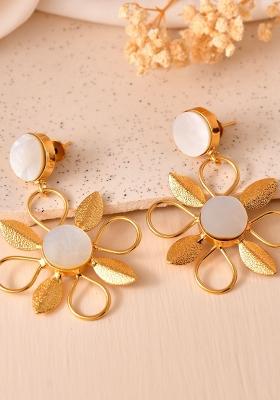 Gold Plated Floral Shaped Stone Studded Drop Earrings 
