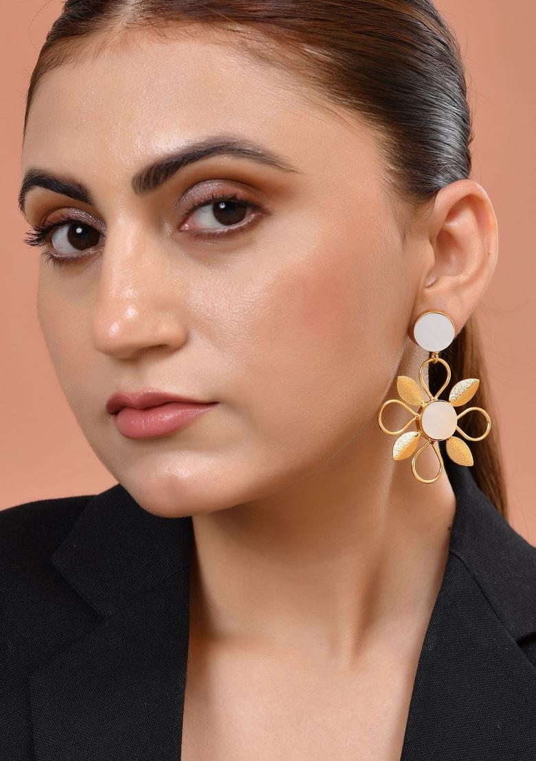 Gold Plated Floral Shaped Stone Studded Drop Earrings  - Indya