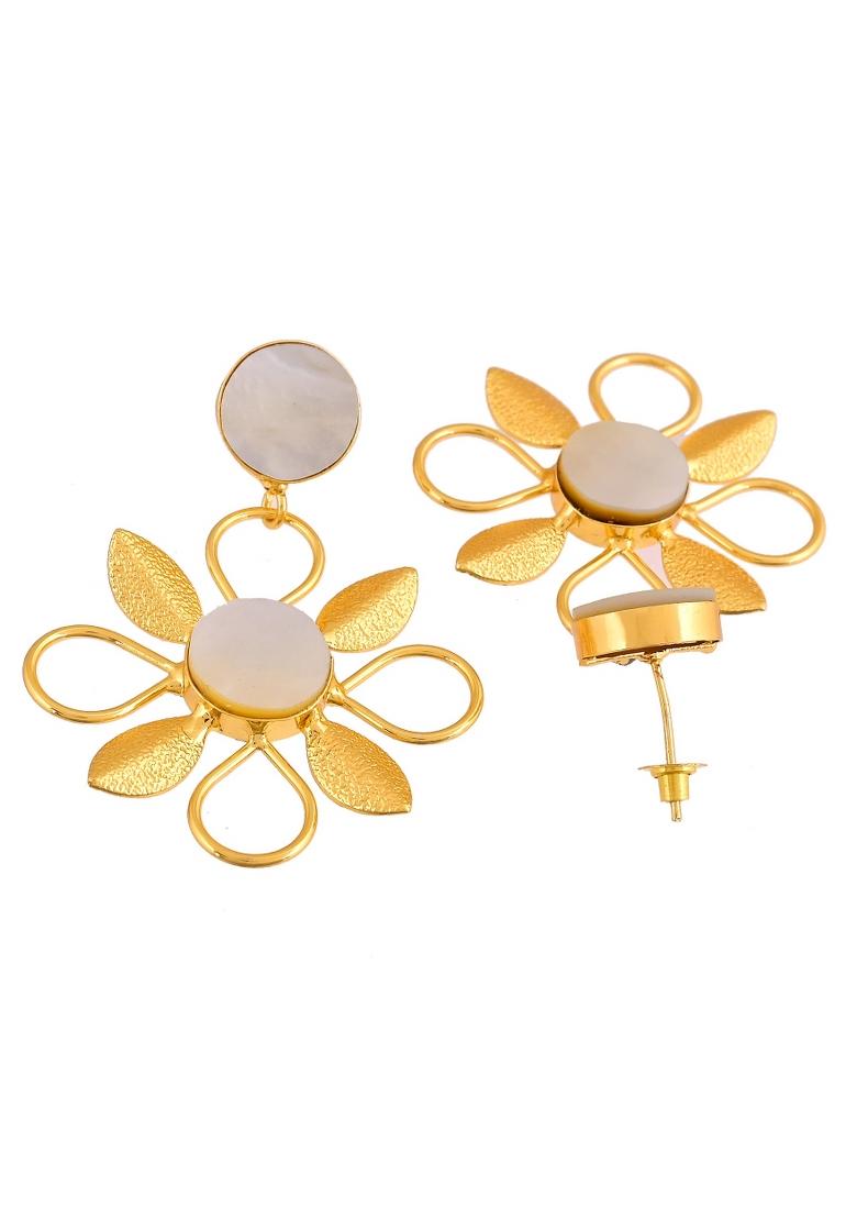 Gold Plated Floral Shaped Stone Studded Drop Earrings  - Indya