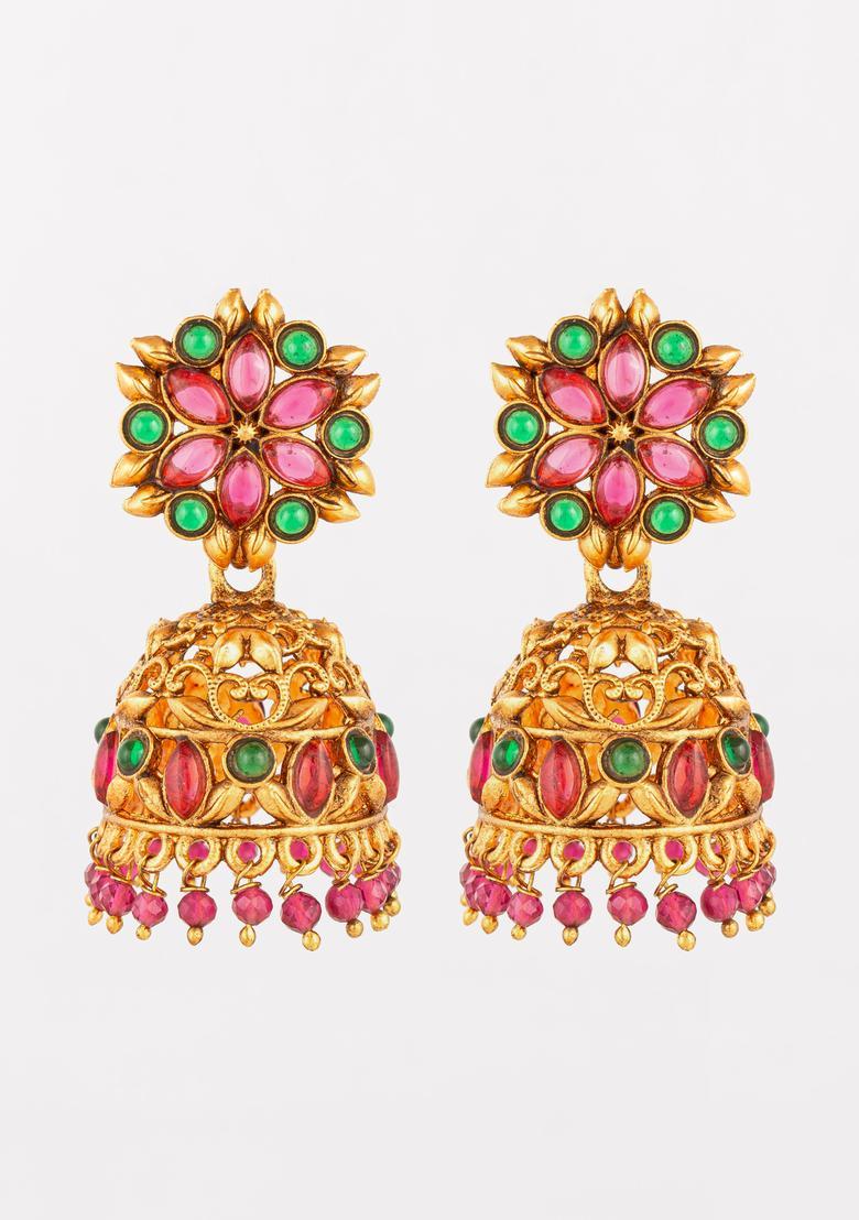 Multicolor Kundan Alloy Jhumka Earrings - Indya