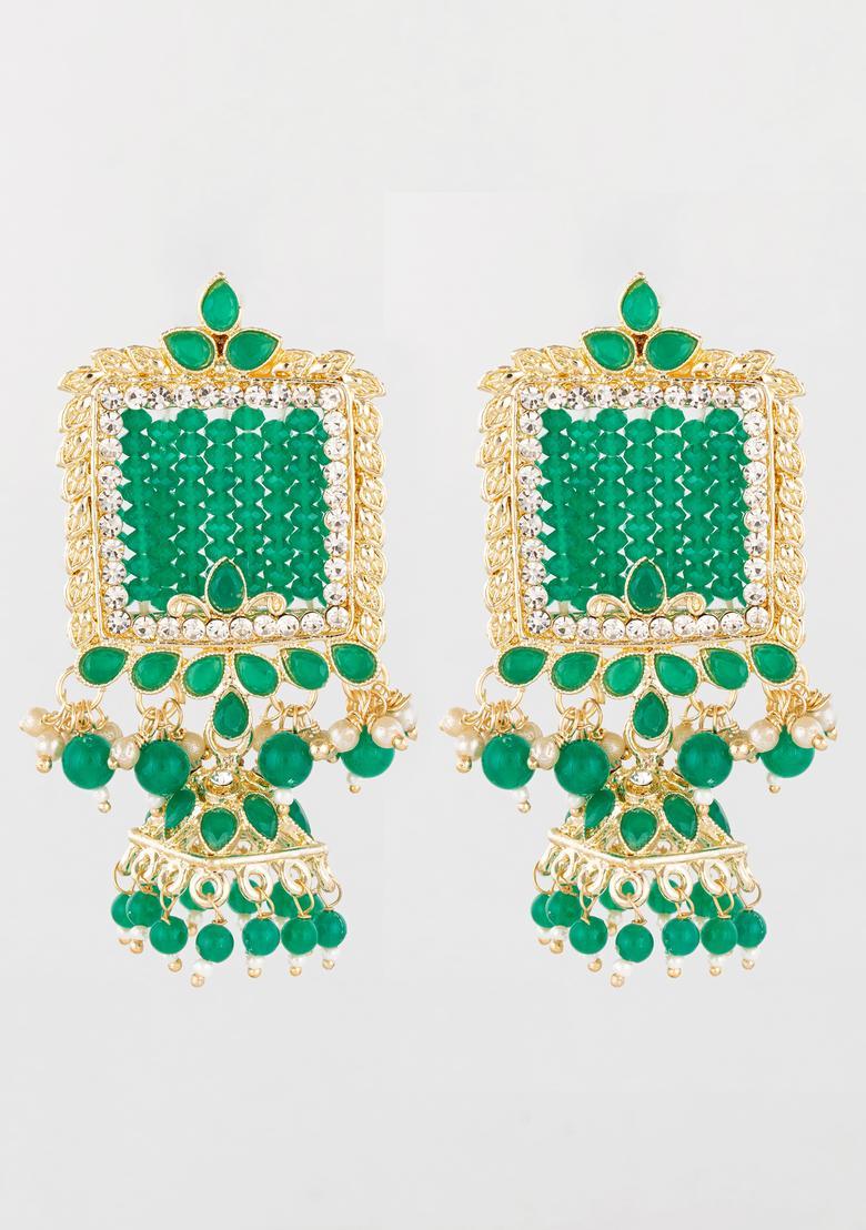 Green Artificial Stones Alloy Chandelier Earring - Indya