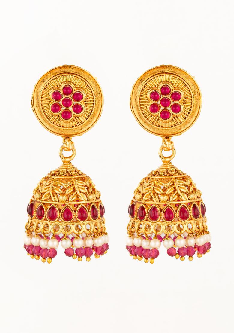 Red Artificial Stones Alloy Jhumka Earrings - Indya
