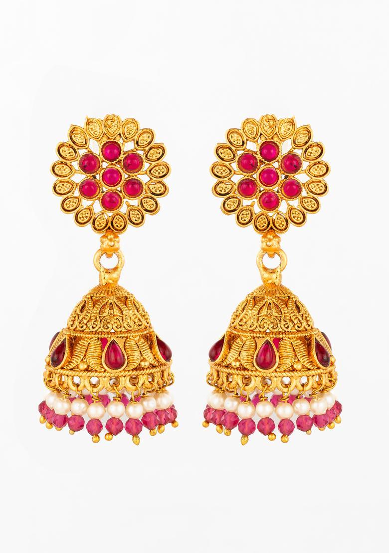 Red Artificial Stones Alloy Jhumka Earrings - Indya