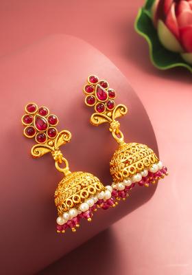 Red Artificial Stones Alloy Jhumka Earrings
