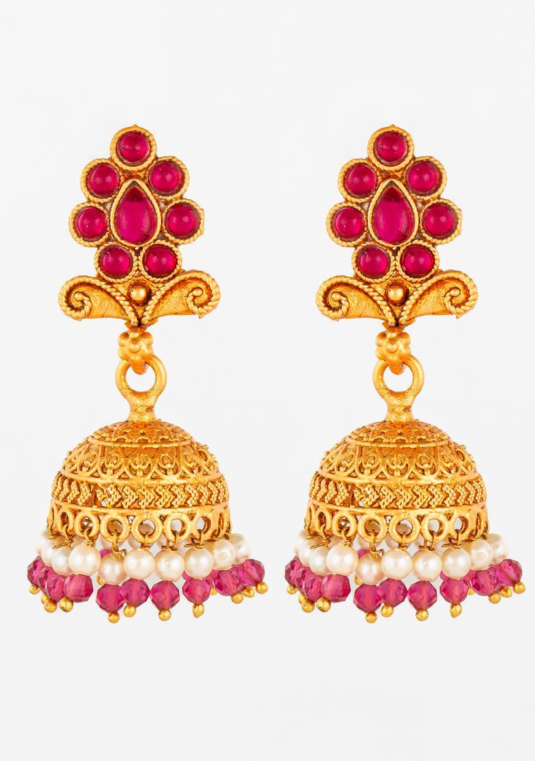 Red Artificial Stones Alloy Jhumka Earrings - Indya