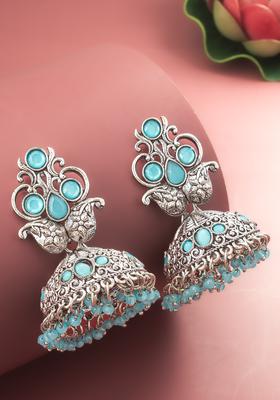 Turquoise Artificial Stones Alloy Jhumka Earrings