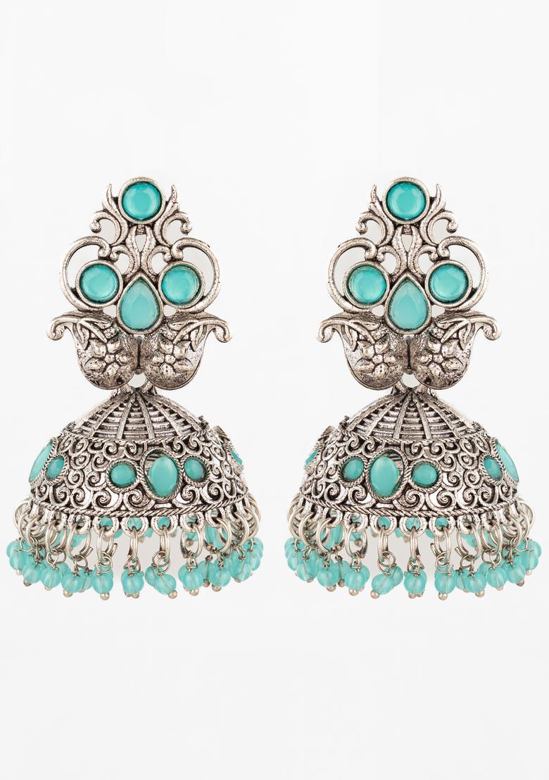 Turquoise Artificial Stones Alloy Jhumka Earrings - Indya