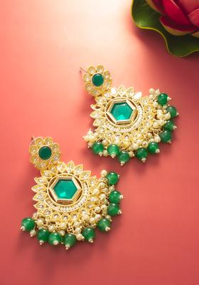 Dark Green Kundan Alloy Chandelier Earring