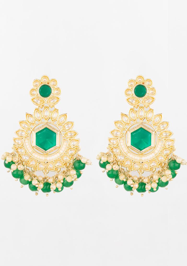 Dark Green Kundan Alloy Chandelier Earring - Indya
