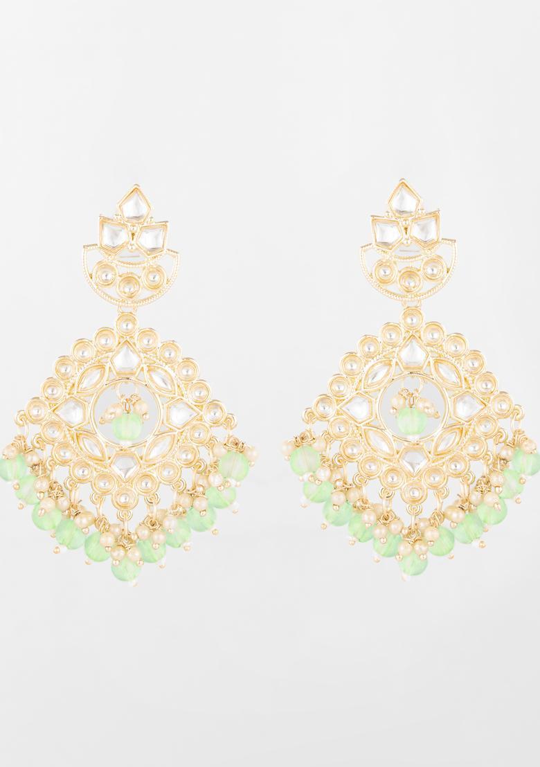 Green Kundan Alloy Chandelier Earring - Indya