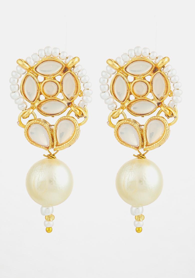 Golden Kundan Alloy Drop Earrings - Indya