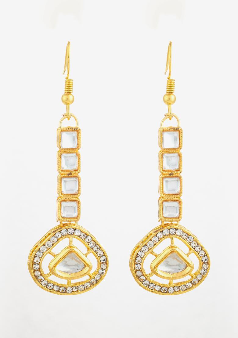 Golden Kundan Alloy Drop Earrings - Indya