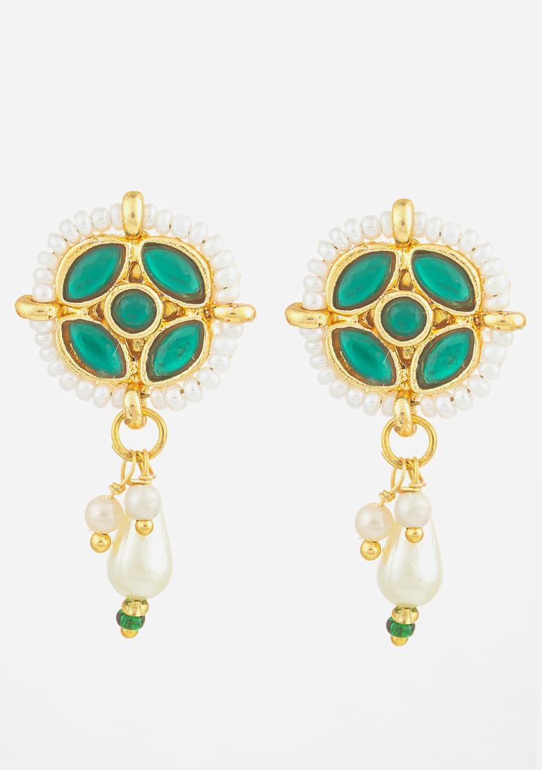 Green Kundan Alloy Stud Earrings - Indya
