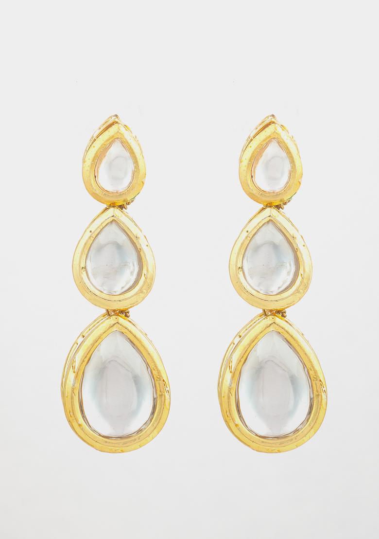 Golden Kundan Alloy Drop Earrings - Indya