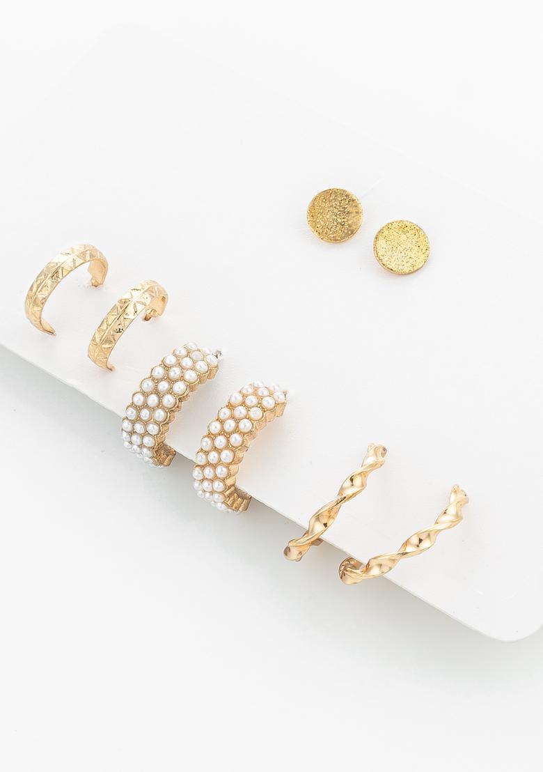 Golden Pearl Alloy Earrings Set - Indya