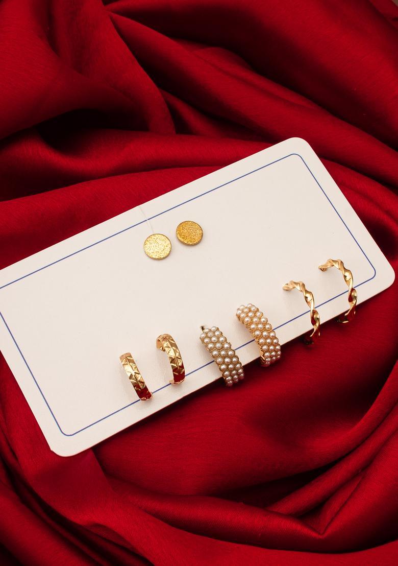 Golden Pearl Alloy Earrings Set - Indya