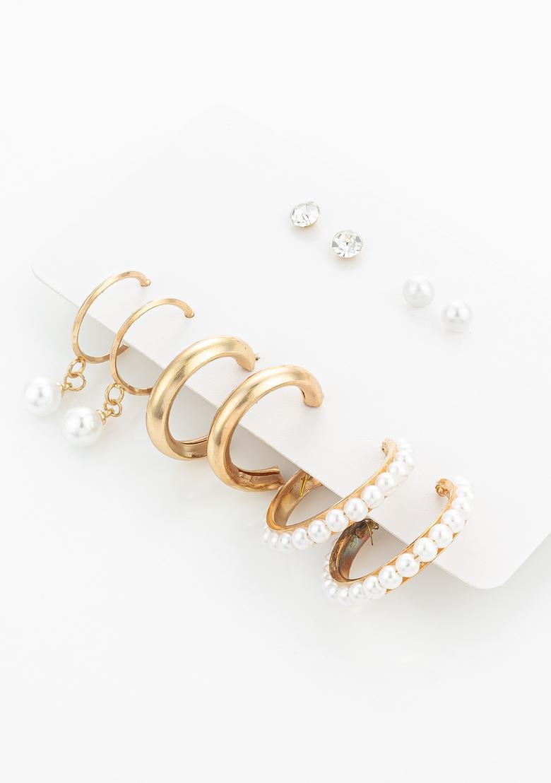 Golden Pearl Alloy Earrings Set - Indya
