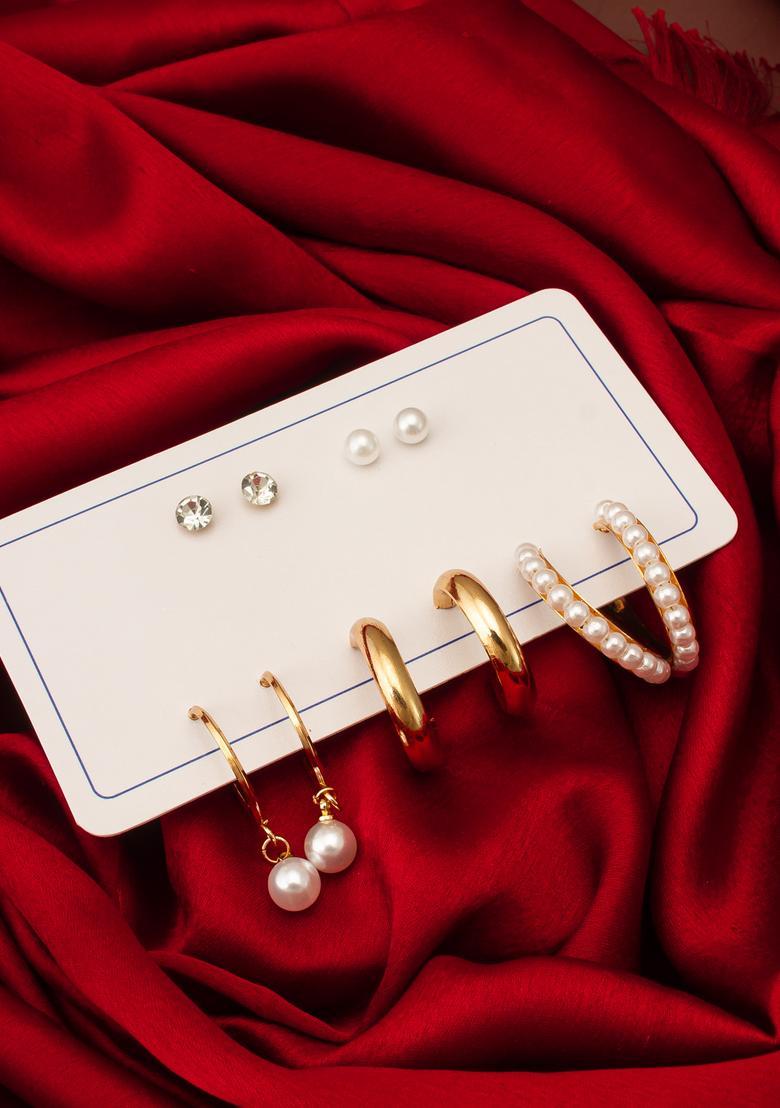 Golden Pearl Alloy Earrings Set - Indya