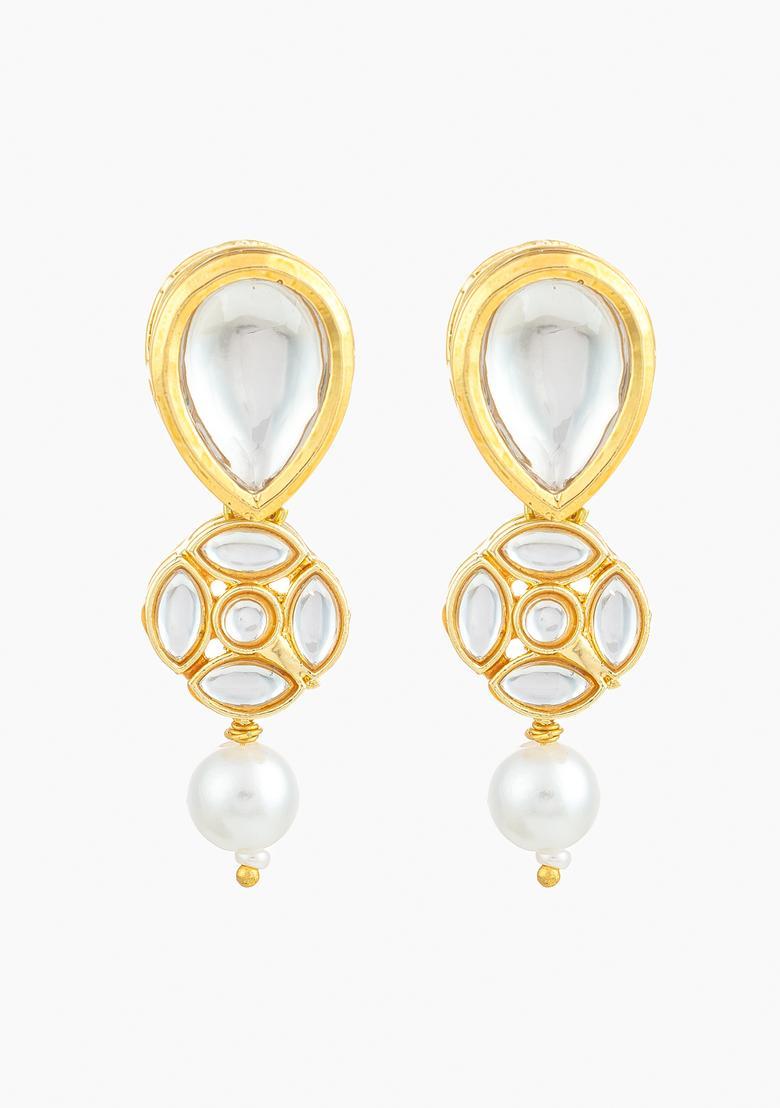 Golden Kundan Alloy Drop Earrings - Indya