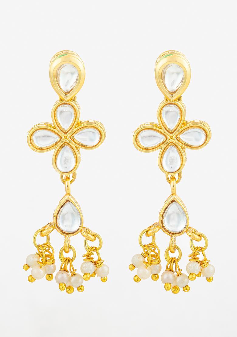 Golden Kundan Alloy Drop Earrings - Indya