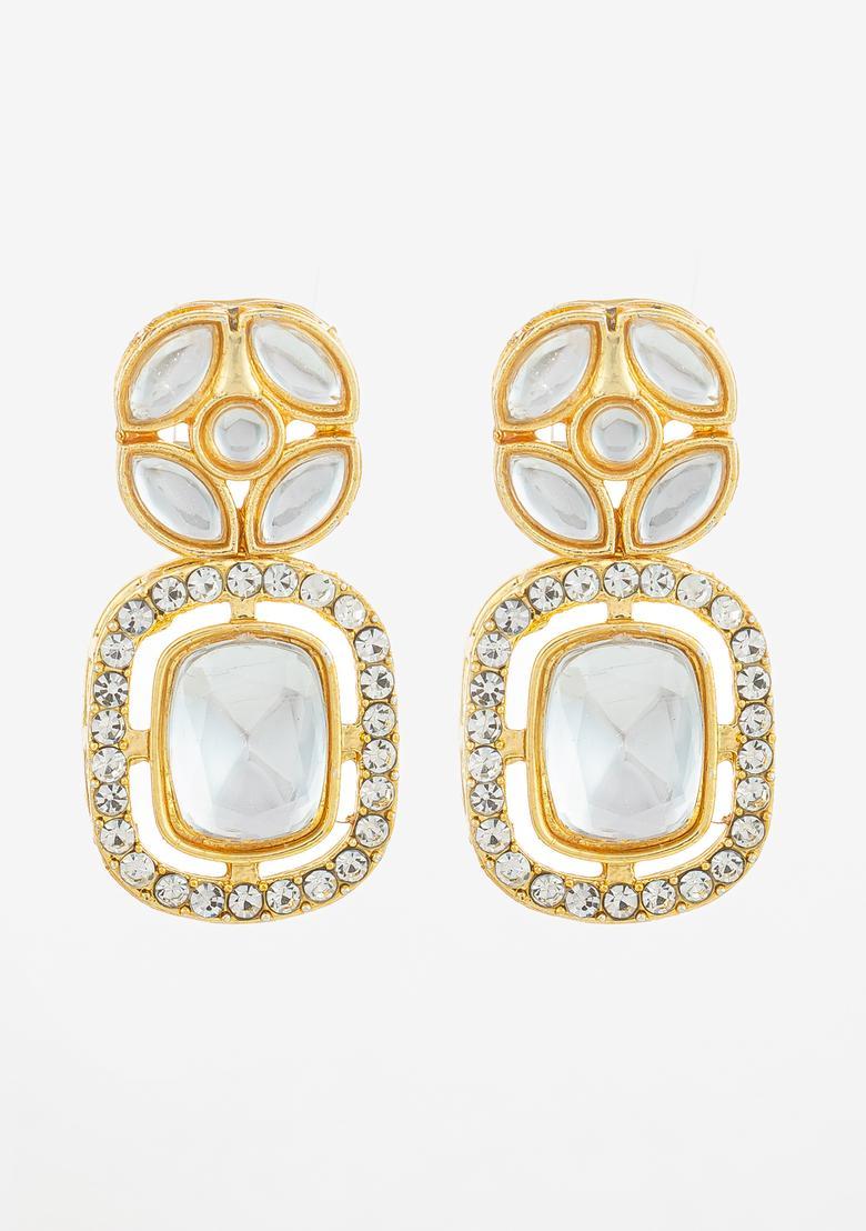 Golden Kundan Alloy Drop Earrings - Indya