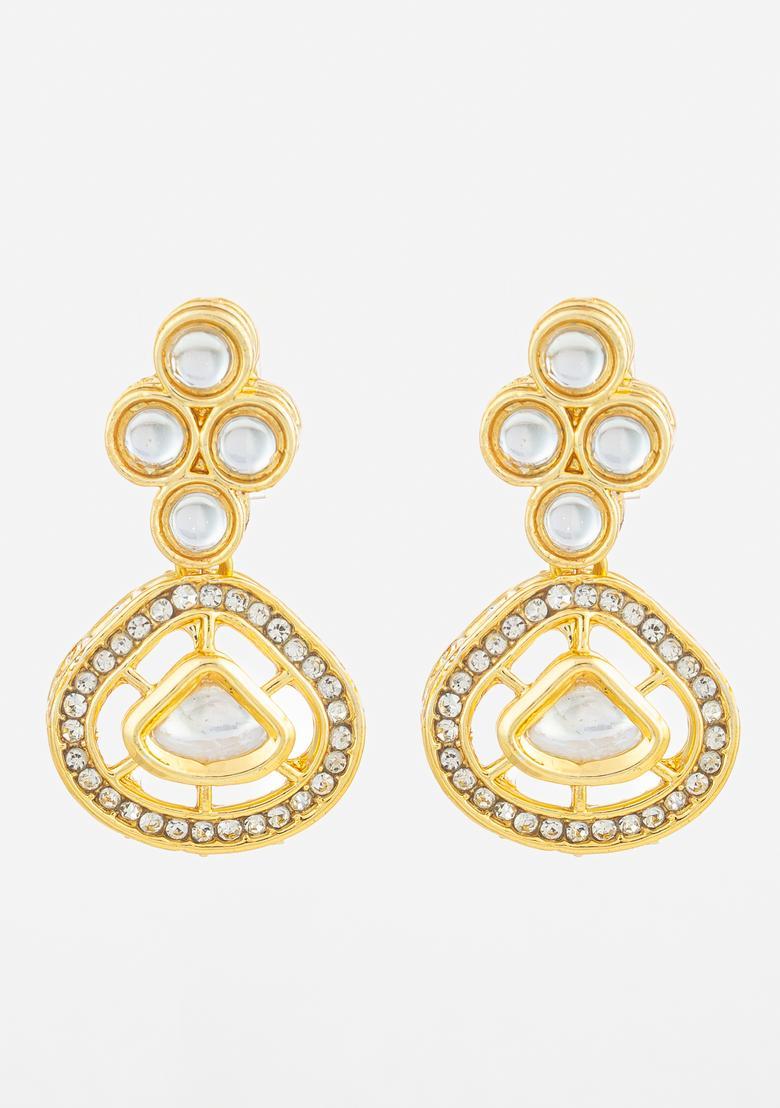 Golden Kundan Alloy Drop Earrings - Indya