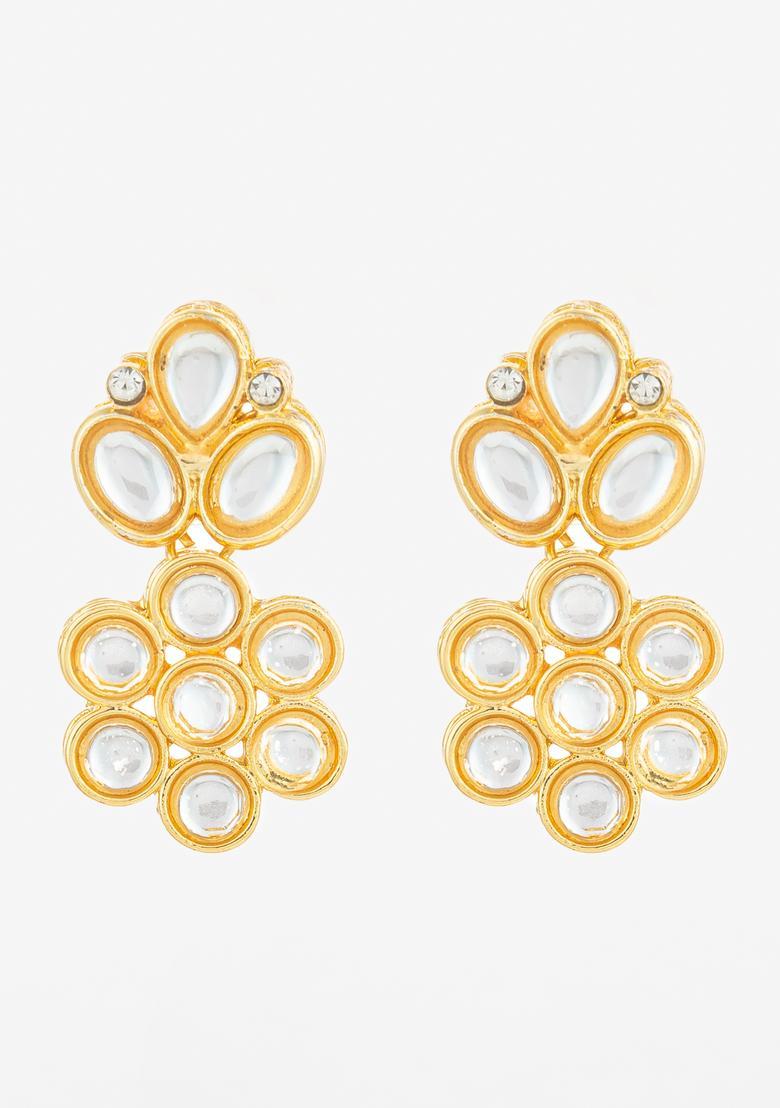 Golden Kundan Alloy Drop Earrings - Indya