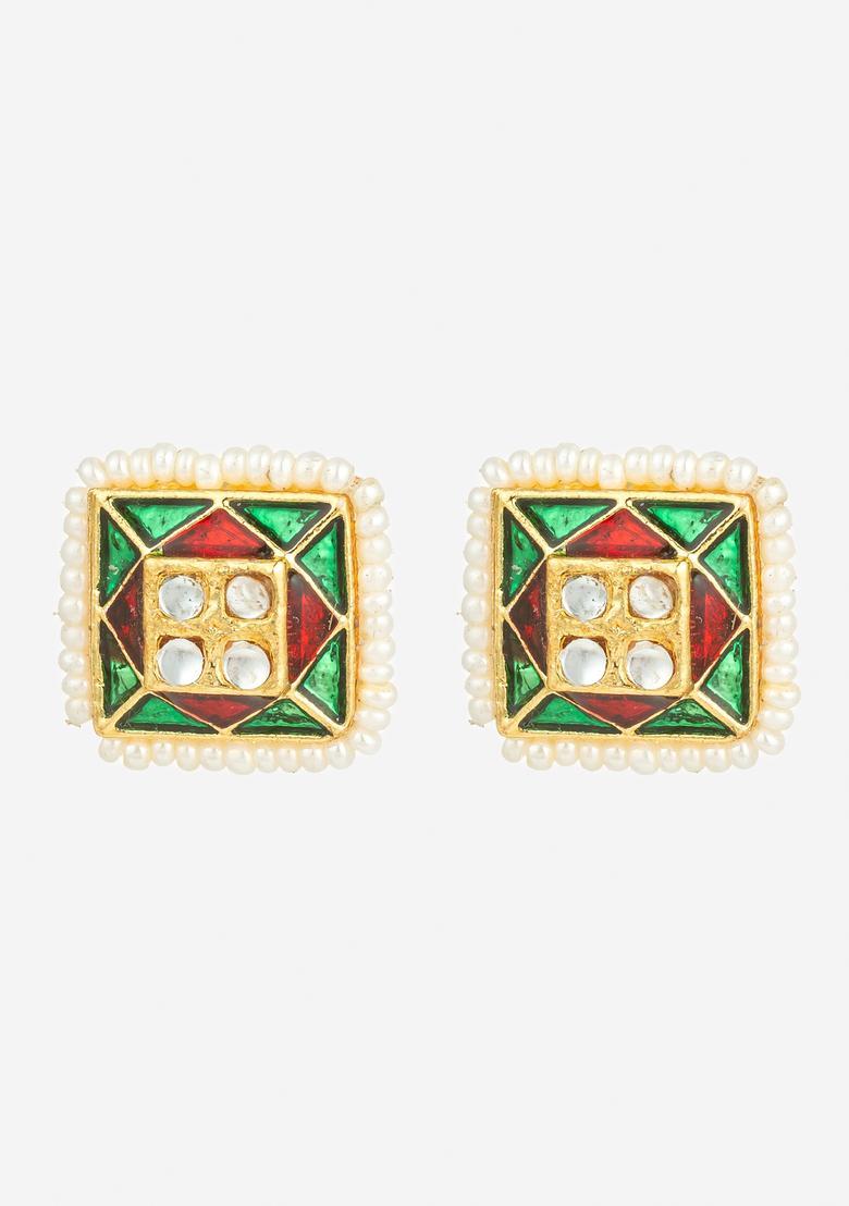 Green Kundan Alloy Stud Earrings - Indya