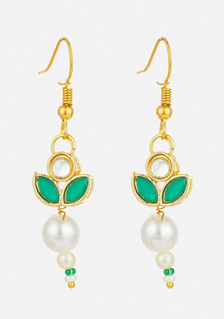Green Kundan Alloy Drop Earrings - Indya