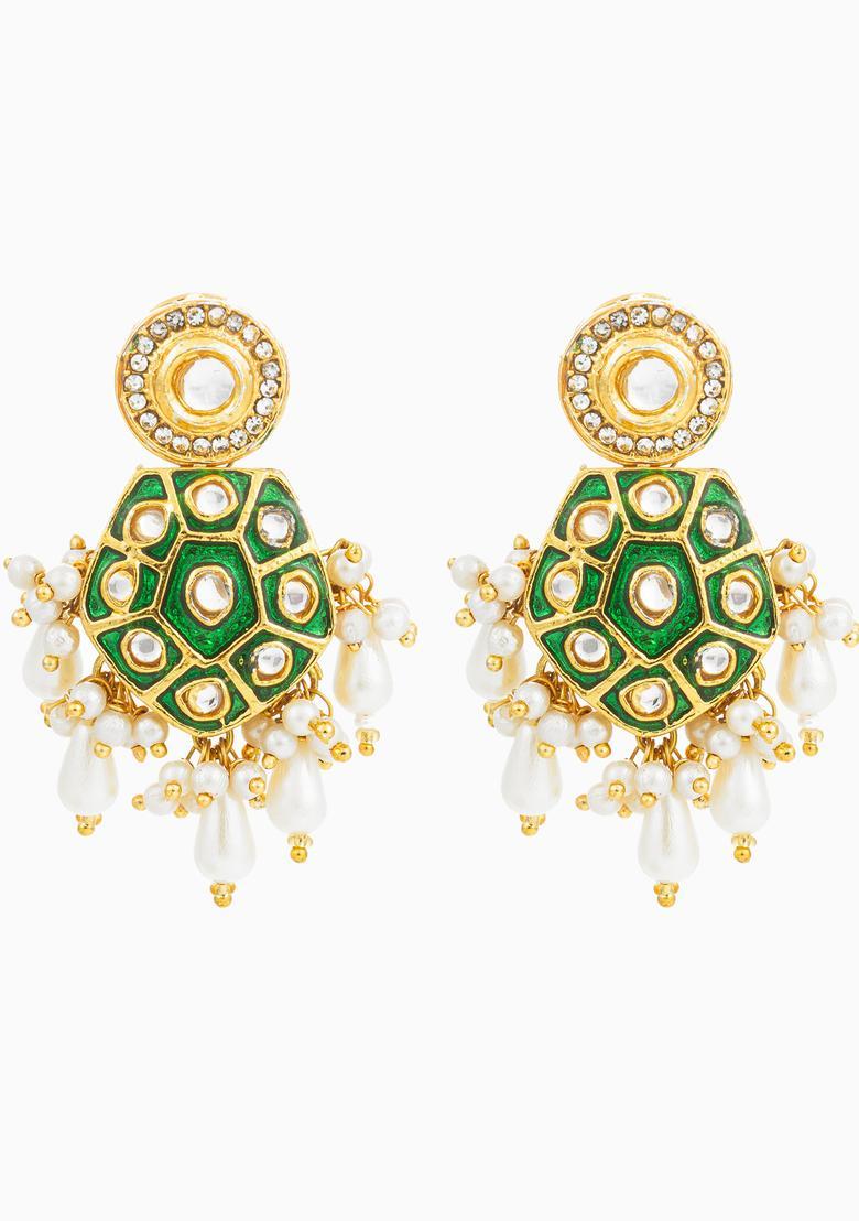 Green Kundan Alloy Stud Earrings - Indya