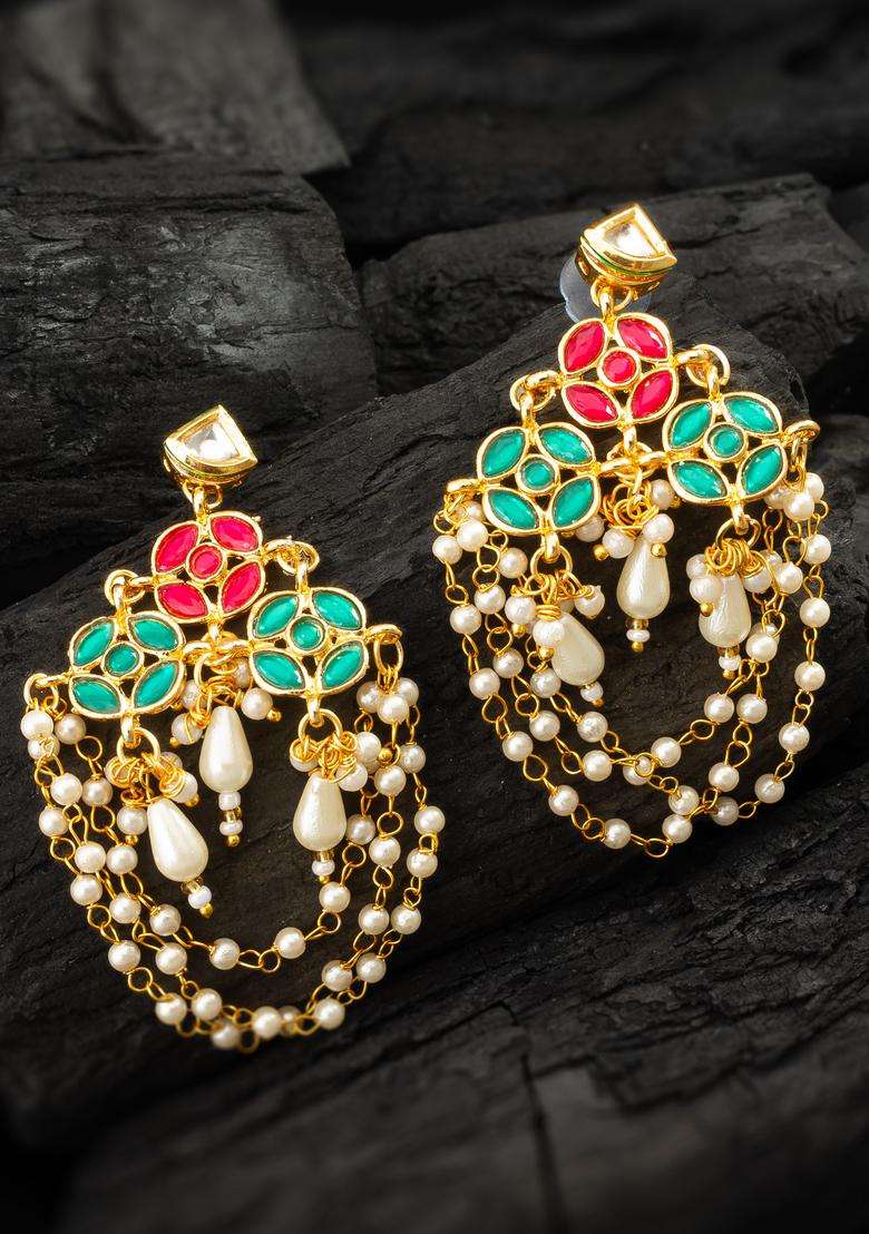 Multicolor Kundan Alloy Chandelier Earrings - Indya