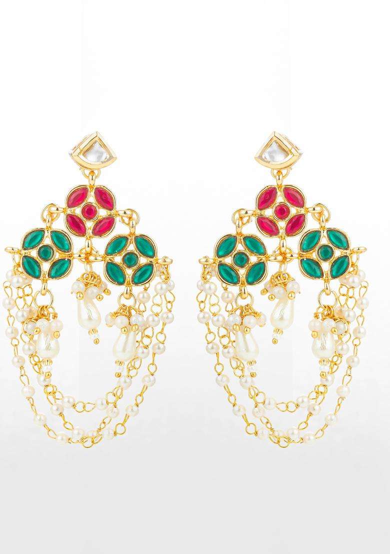 Multicolor Kundan Alloy Chandelier Earrings - Indya