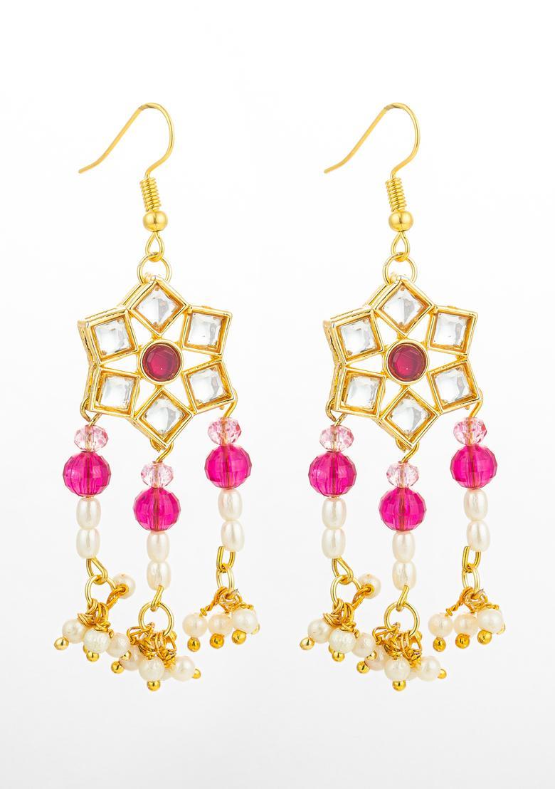 Red Kundan Alloy Chandelier Earrings - Indya