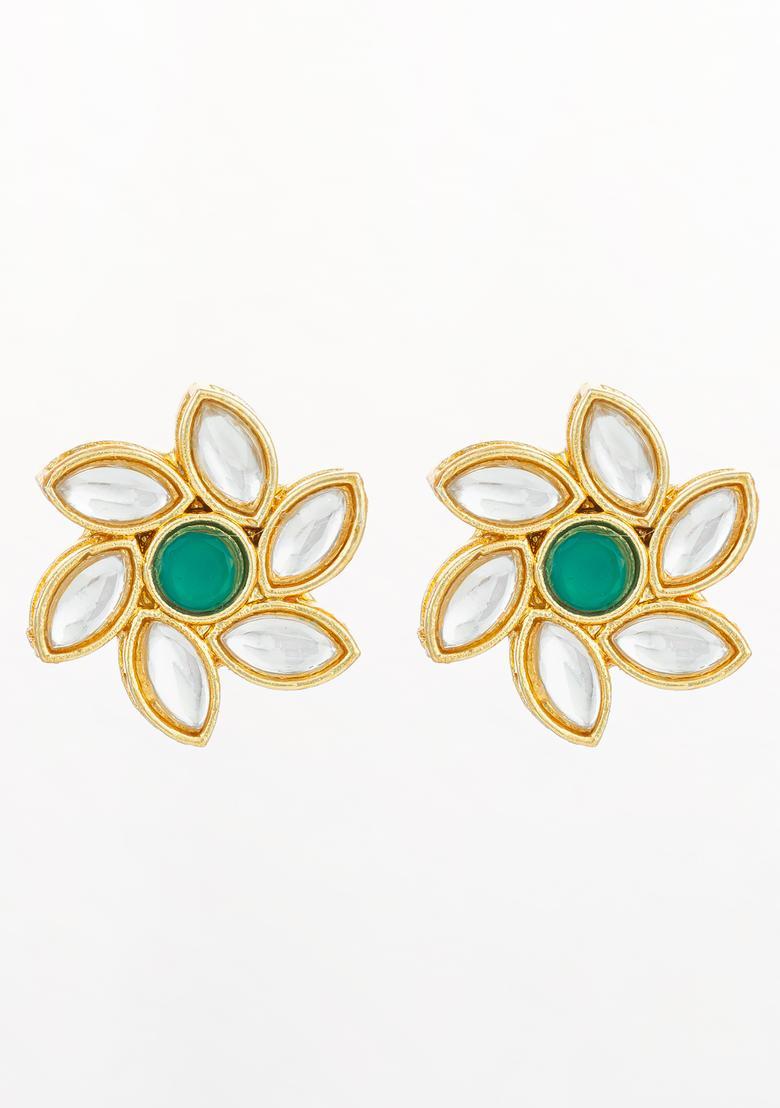 Green Kundan Alloy Stud Earrings - Indya