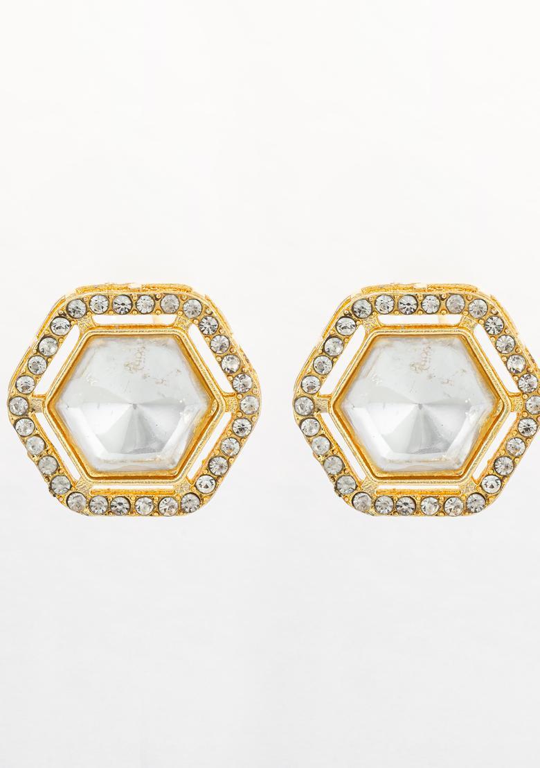 Golden Kundan Alloy Stud Earrings - Indya