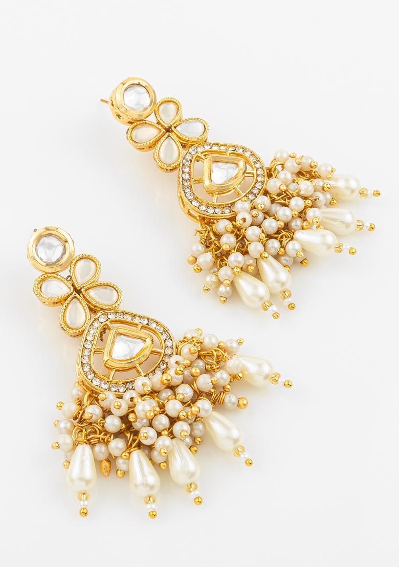 Golden Kundan Alloy Earrings - Indya