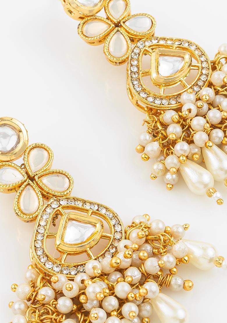 Golden Kundan Alloy Earrings - Indya
