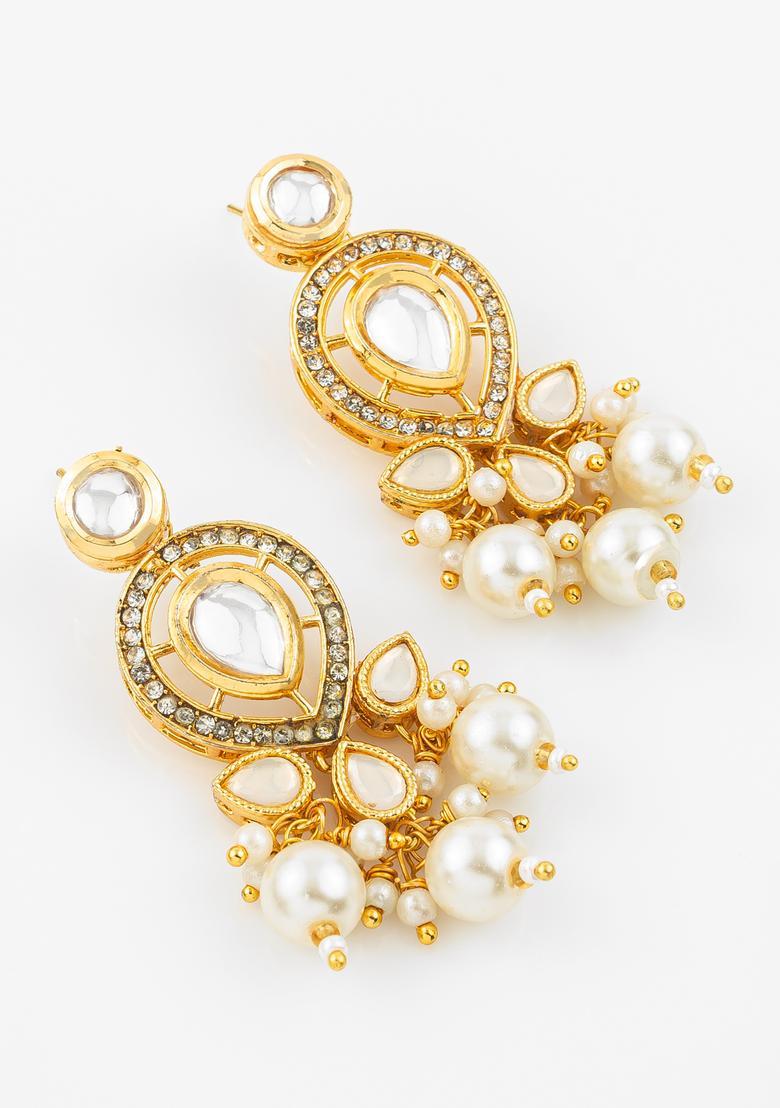 Golden Kundan Alloy Earrings - Indya