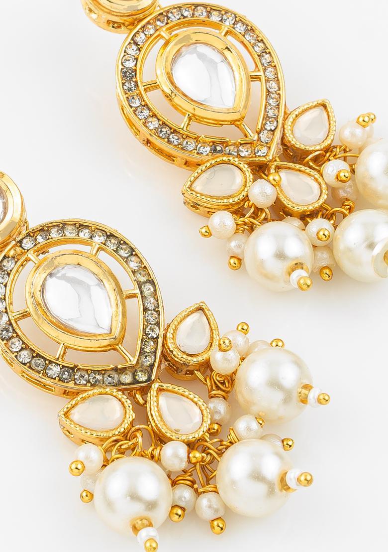 Golden Kundan Alloy Earrings - Indya