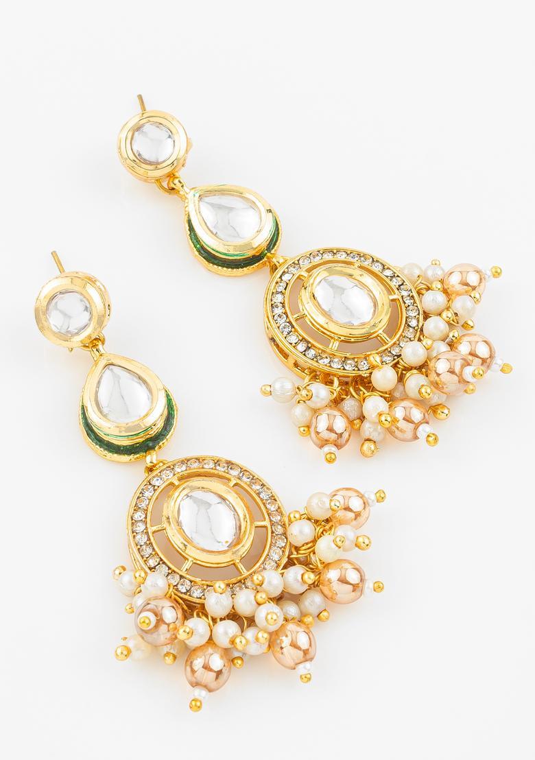 Golden Kundan Alloy Earrings - Indya