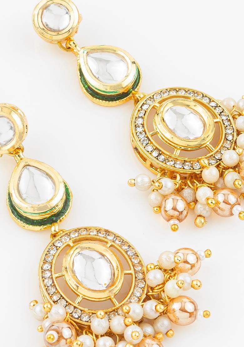 Golden Kundan Alloy Earrings - Indya
